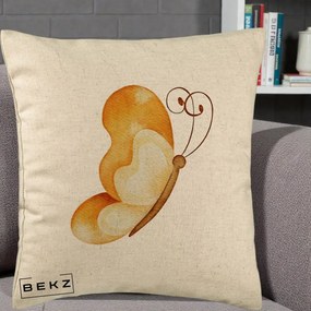 Perna Decorativa Fluture Acuarela Auriu, 40x40 cm, Bej, Husa Detasabila, Perna Inclusa, BEKZ®