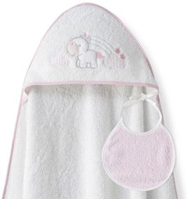 Set cadou pentru bebelusi cu prosop baie si bavetica alb si roz - Inter Baby - model unicorn