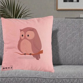 Perna Decorativa Bufnita Kawaii pe Creanga, 40x40 cm, Roz, Husa Detasabila, Perna Inclusa, BEKZ®