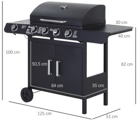 Outsunny Gratar pe Gaz cu 5 Arzatoare Rafturi Laterale si Dulap Inferior cu Usa, Gratar de Gradina cu Roti din Otel si PP, 125x51x100 cm, Negru