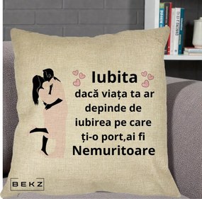 Cadou pentru Iubita - Perna Personalizata Iubita Nemuritoare cu Siluete de Cuplu, 40x40 cm, Crem, Husa Detasabila, Perna Inclusa, BEKZ®
