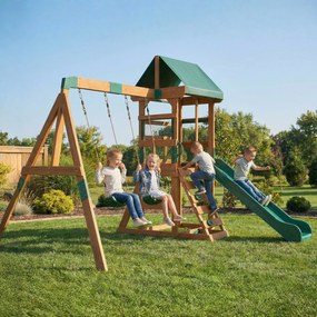 AIYAPLAY Turn de joacă Cadru de cățărat Lemn Cadru de leagăn cu tobogan 2 leagăne Perete de cățărat pentru 3-8 ani 315x284x233 cm Verde | Aosom Romania