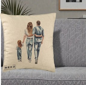 Cadou pentru Familie - Perna Personalizata Familie Acuarela Jeans, 40x40 cm, Bej, Husa Detasabila, Perna Inclusa, BEKZ®