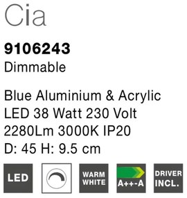 Plafoniera LED dimabila, design modern Cia albastru, 45cm