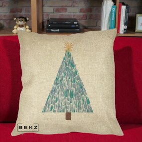 Perna Decorativa Brad de Craciun Acrilic Albastru, 40x40 cm, Crem, Husa Detasabila, Perna Inclusa, BEKZ®