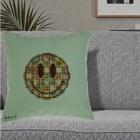 Perna Decorativa Smiley Face de Toamna cu Tartan si Dovlecei, 40x40 cm, Verde, Husa Detasabila, Perna Inclusa, BEKZ®