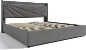 Pat dublu cu ladă de depozitare, funcție de încărcare USB Tip C, din bumbac și in, fără saltea, 160x200 cm, Gri