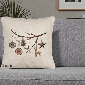 Perna Decorativa Ornamente de Lemn pe Ramura, 40x40 cm, Bej Canapea, Husa Detasabila, Perna Inclusa, BEKZ®