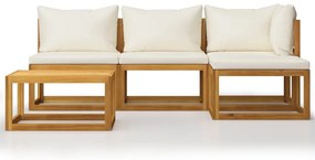 Set mobilier de gradina cu perne 5 piese crem lemn masiv acacia Crem, colt + 2x mijloc + suport pentru picioare + masa, 1
