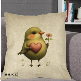 Perna Decorativa Pasare Verde cu Inima si Floare, 40x40 cm, Crem, Husa Detasabila, Perna Inclusa, BEKZ®