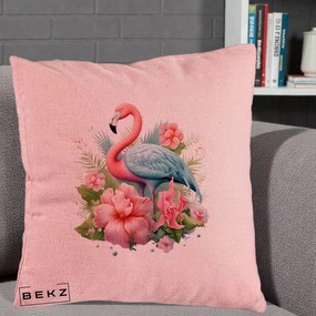 Perna Decorativa Flamingo cu Hibiscus Tropical, 40x40 cm, Roz, Husa Detasabila, Perna Inclusa, BEKZ®