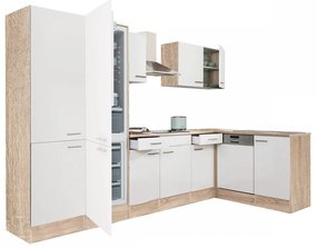 Mobilă de bucătărie de colț Yorki 340, corp din stejar sonoma, față alb satinat, dulap cu rafturi și frigider congelator inferior