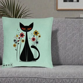 Perna Decorativa Pisica Neagra Ochi Rosii Flori, 40x40 cm, Verde Menta, Husa Detasabila, Perna Inclusa, BEKZ®