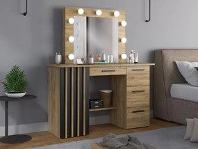 Masuta machiaj culoarea Stejar, cu Oglinda LED si 4 Sertare pentru Cosmetice, Set Masa toaleta 120 cm, Stejar, masuta vanity cu Riflaj, cosmetica -