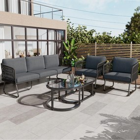 Set de lounge de grădină din 5 piese cu frânghie, picioare reglabile, blat de masă din sticlă netedă, inclusiv perne de șezut și spate, Gri