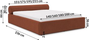 Pat matrimonial teracotă tapițat cu spațiu de depozitare cu somieră 200x200 cm Cille – Ropez