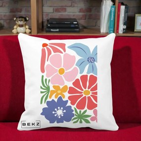 Perna Decorativa Flori Grafice Roz-Rosu-Albastru, 40x40 cm, Alba Mata, Husa Detasabila, Perna Inclusa, BEKZ®