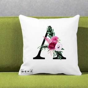Cadou Personalizat - Perna Personalizata Monograma Florala Litera A, 40x40 cm, Alba Mata, Husa Detasabila, Perna Inclusa, BEKZ®