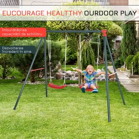 Outsunny Leagăn Dublu pentru Copii 3+ Ani cu Structură din Metal, Leagăn de Grădină cu Coardă Reglabilă, Joc de Exterior, Max 45 kg, 239x156x180 cm, Verde și Roșu | Aosom Romania