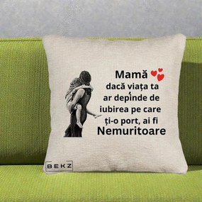 Cadou pentru Mama - Perna Personalizata Mama Nemuritoare Gravura Vintage, 40x40 cm, Bej Canapea, Husa Detasabila, Perna Inclusa, BEKZ®