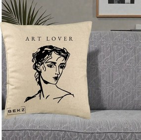 Perna Decorativa Art Lover Portret Grafic, 40x40 cm, Bej, Husa Detasabila, Perna Inclusa, BEKZ®