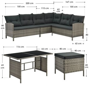 Set Lounge Polyrattan, accente gri Manacor cu perne gri