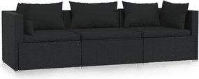 vidaXL Canapea de grădină cu perne, 3 locuri, negru, poliratan