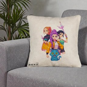 Perna Personalizata K-pop HUNTRX Trio cu Pisica si Cristale, 40x40 cm, Bej Canapea, Husa Detasabila, Perna Inclusa, BEKZ®