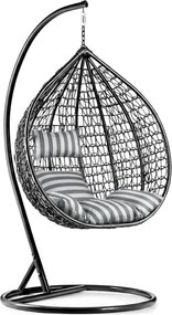 Scaun suspendat negru KOKON cu suport, perna alb-gri