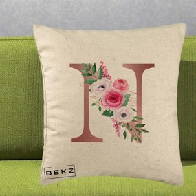Cadou Personalizat - Perna Personalizata Monograma Rose Gold Litera N, 40x40 cm, Bej, Husa Detasabila, Perna Inclusa, BEKZ®