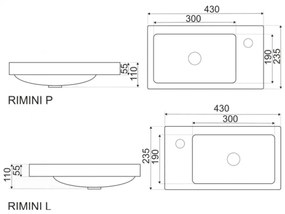 RIMINI-P Lavoar design ceramic Rimini, instalare pe dreapta 43x23 cm