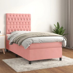 vidaXL Pat box spring cu saltea, roz, 90x200 cm, catifea