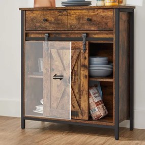 Dulap De Depozitare, Cu 1 Sertar Si Usa Glisanta De Hambar, Maro Rustic Si Negru, 70 Cm
