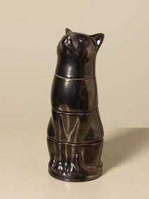 Set 4 căni suprapuse din ceramică, formă de pisică, maro antichizat, 25 × 10 cm, „Cat Stack"