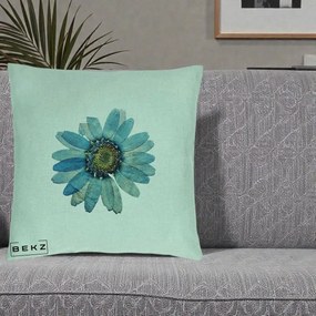 Perna Decorativa Floare Margareta Albastra Acuarela, 40x40 cm, Verde Menta, Husa Detasabila, Perna Inclusa, BEKZ®