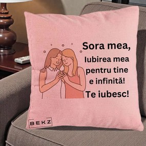 Cadou pentru Sora - Perna Personalizata Sora Mea Te Iubesc Imbratisare cu Sclipiri, 40x40 cm, Roz, Husa Detasabila, Perna Inclusa, BEKZ®