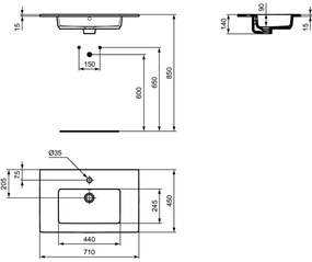 Lavoar incastrat alb 71 cm, dreptunghiular, Ideal Standard Tempo 710x450 mm