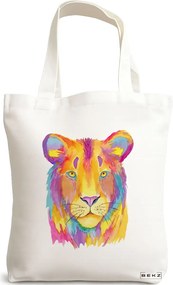 Sacosa de Panza pentru Cumparaturi, Geanta Tote, model Watercolor Lion, 38x34.5 cm, Alba, BEKZ®