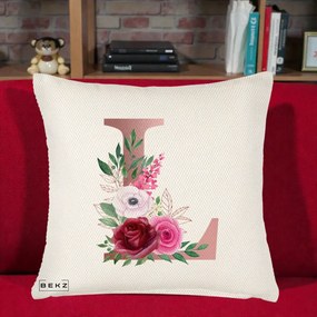 Cadou Personalizat - Perna Personalizata Monograma Rose Gold Litera L, 40x40 cm, Crem Reliefat, Husa Detasabila, Perna Inclusa, BEKZ®