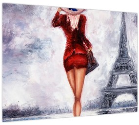 Tablou pe sticlă - Femeie și Turnul Eiffel (70x50 cm)