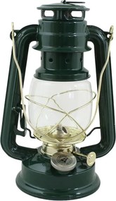 Felinar vintage verde cu petrol, din metal și sticlă, cu detalii aurii, capac de siguranță și fitil inclus, „Hurricane Lantern Green Small"