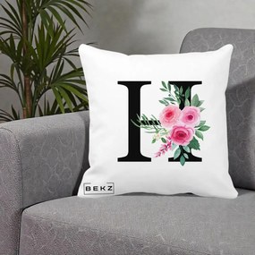 Cadou Personalizat - Perna Personalizata Monograma Florala Litera H cu Trandafiri Roz, 40x40 cm, Alba Mata, Husa Detasabila, Perna Inclusa, BEKZ®