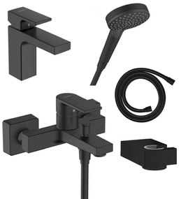 Set baterie lavoar, baterie cada si set de dus, negru mat, Hansgrohe Vernis Shape