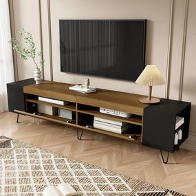 Dulap TV cu aspect de lemn, 2 compartimente deschise, rafturi laterale, 180x36x43 cm, Negru + Culoare naturală