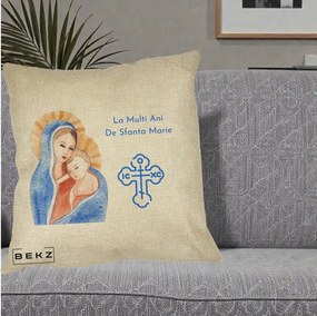 Cadou de Onomastica - Perna Personalizata Sfanta Marie Icoana Acuarela, 40x40 cm, Crem, Husa Detasabila, Perna Inclusa, BEKZ®