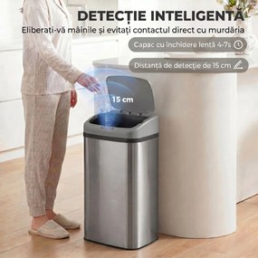 HOMCOM Coș de gunoi cu senzor 48L, închidere lentă, suprafață antiamprentă, din inox, argintiu | Aosom Romania