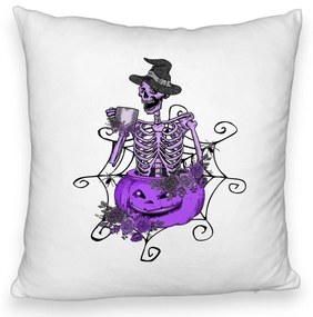 Perna Decorativa Fluffy cu motiv Sechelet de Halloween 4, 40x40 cm, Alba, Husa Detasabila, Burduf