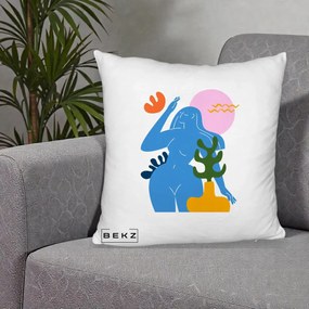 Perna Decorativa Femeie Albastra Cactus, 40x40 cm, Alb Pufos, Husa Detasabila, Perna Inclusa, BEKZ®