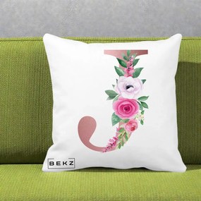 Cadou Personalizat - Perna Personalizata Monograma Rose Gold Litera J, 40x40 cm, Alba Mata, Husa Detasabila, Perna Inclusa, BEKZ®