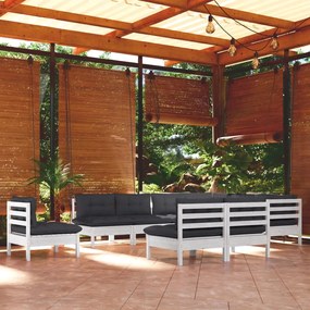 3096756 vidaXL Set mobilier grădină cu perne, 10 piese, alb, lemn masiv pin